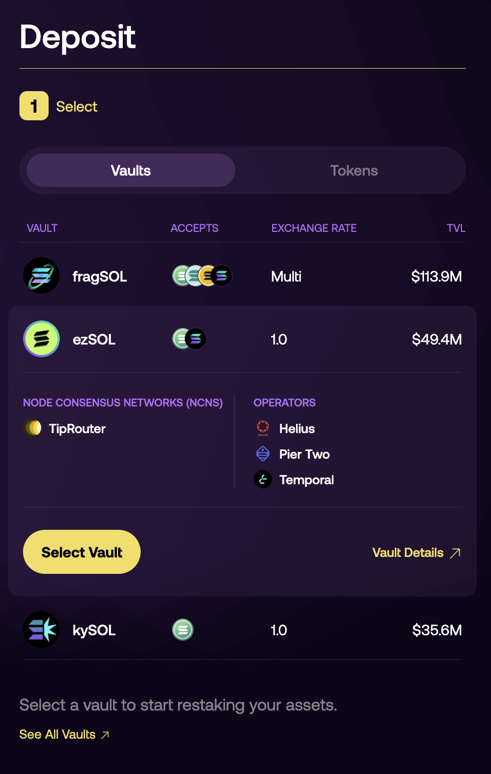 (Re)staking Home Page - Vaults View
