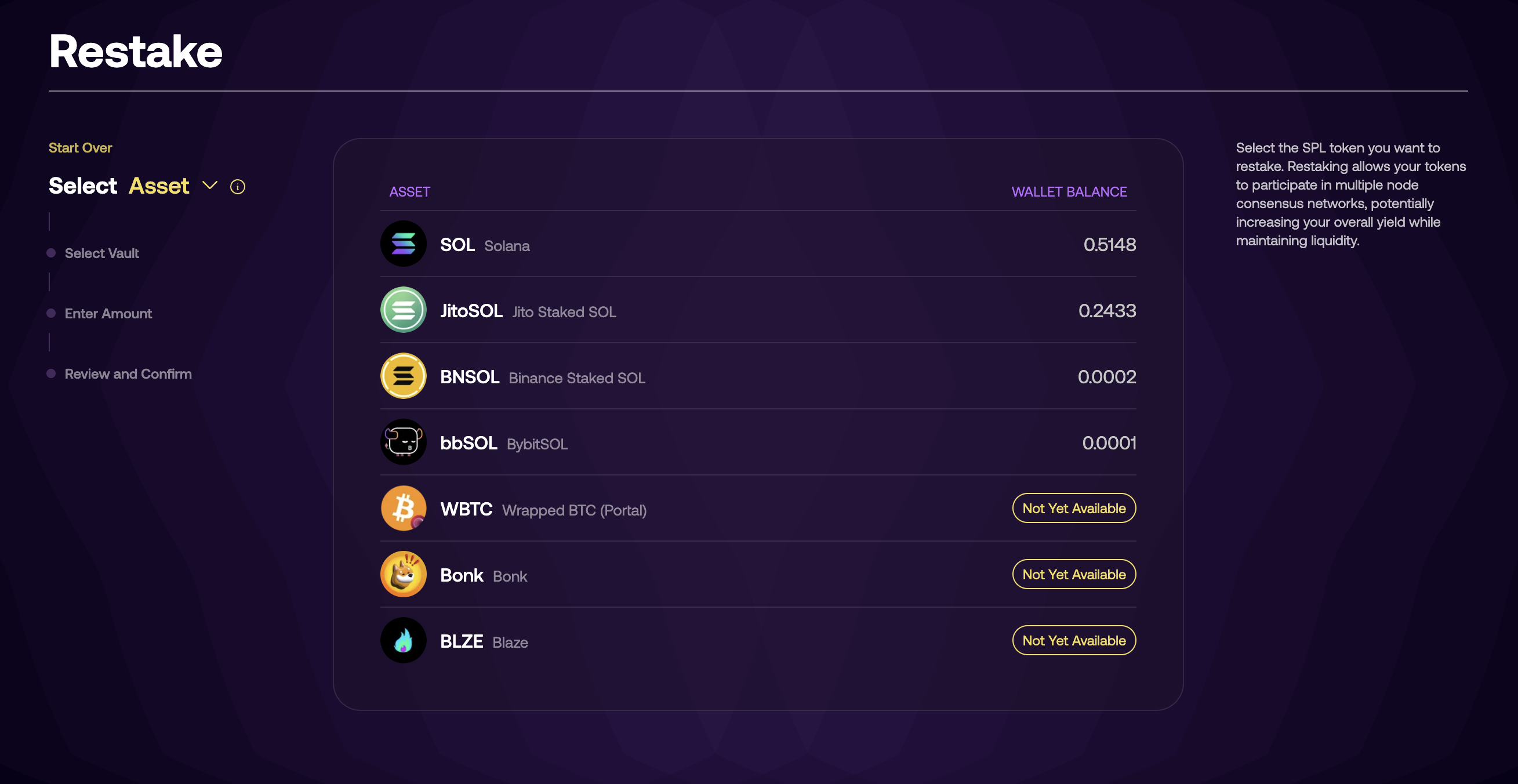 Restaking Deposit - Asset Selection